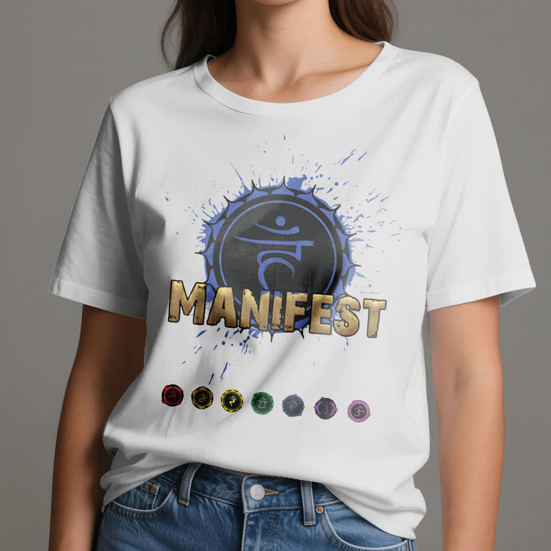 Camiseta unisex Olivenorma de manga corta "MANIFEST" del chakra de la garganta