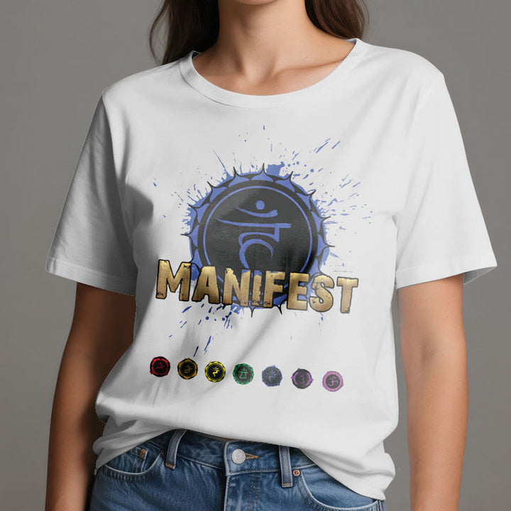Camiseta unisex Olivenorma de manga corta "MANIFEST" del chakra de la garganta