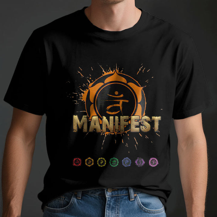 Camiseta unisex Olivenorma de manga corta "MANIFEST" del chakra de la garganta