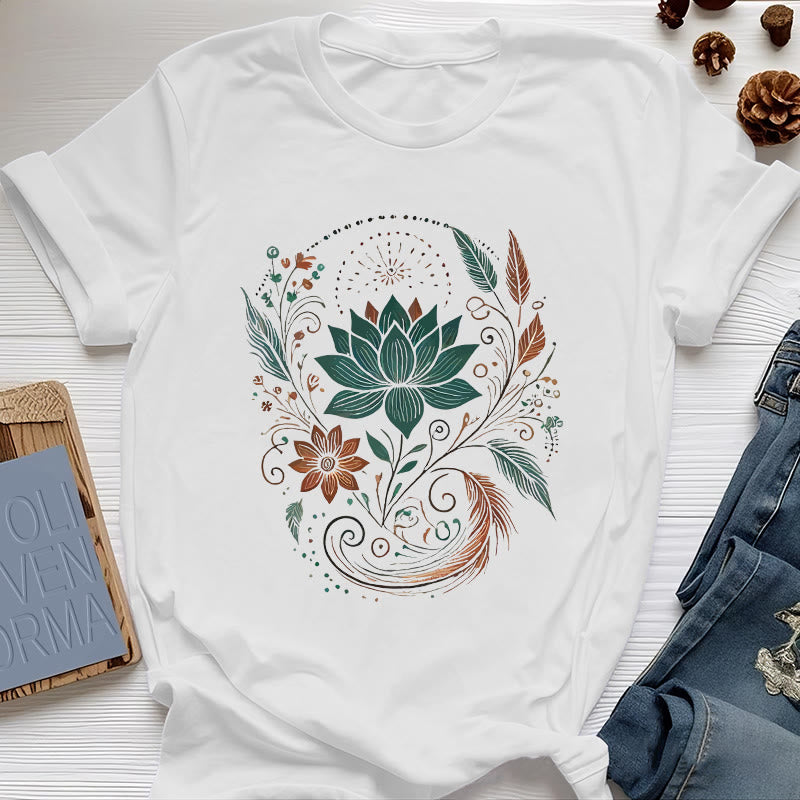 Camiseta de yoga de algodón con flores y hojas de loto de Olivenorma - Blanco - 2XL - image 6