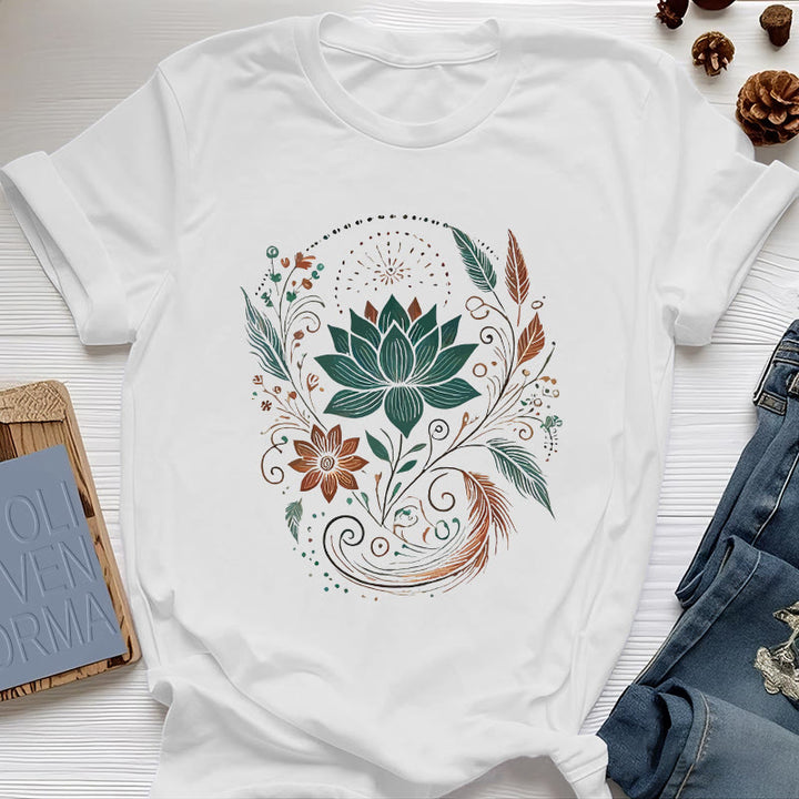 Camiseta de yoga de algodón con flores y hojas de loto de Olivenorma - Blanco - 2XL - image 6