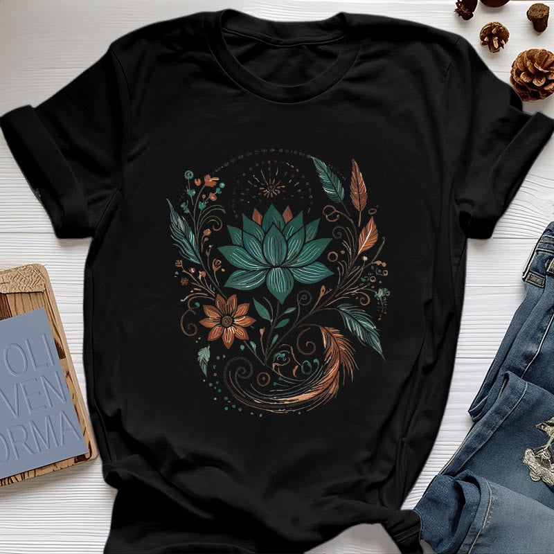 Camiseta de yoga de algodón con flores y hojas de loto de Olivenorma - Negro - 2XL - image 8