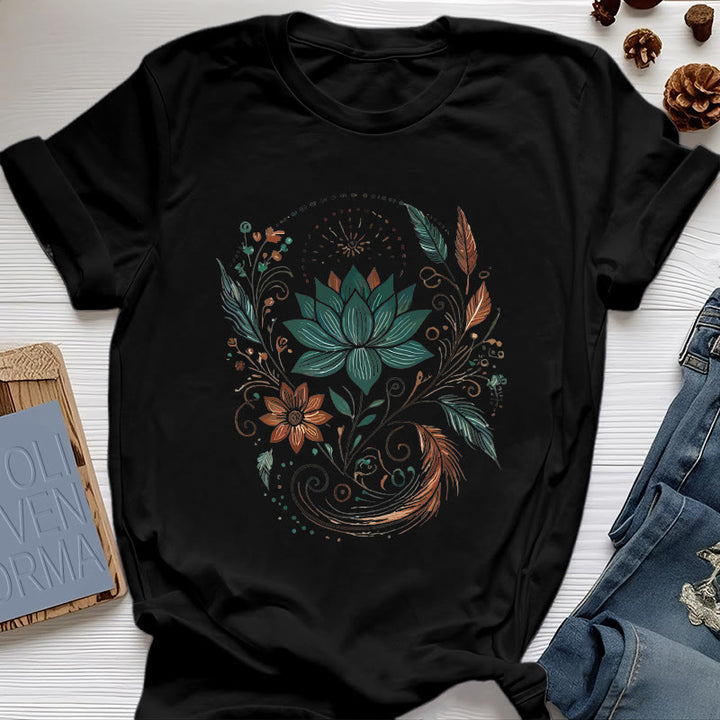 Camiseta de yoga de algodón con flores y hojas de loto de Olivenorma - Negro - 2XL - image 8