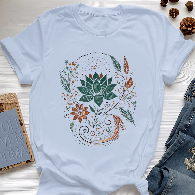 Camiseta de yoga de algodón con flores y hojas de loto de Olivenorma - Azul - 2XL - image 1