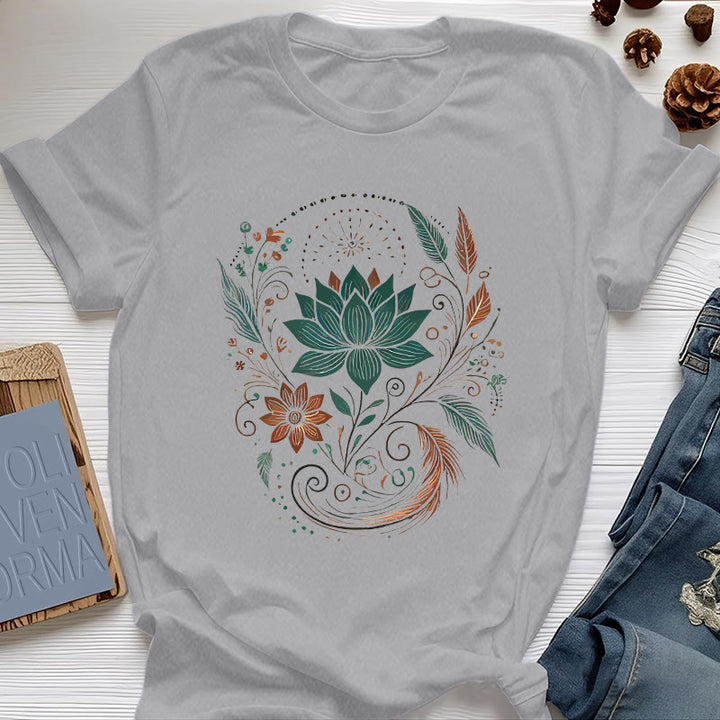 Camiseta de yoga de algodón con flores y hojas de loto de Olivenorma - Gris - 2XL - image 10