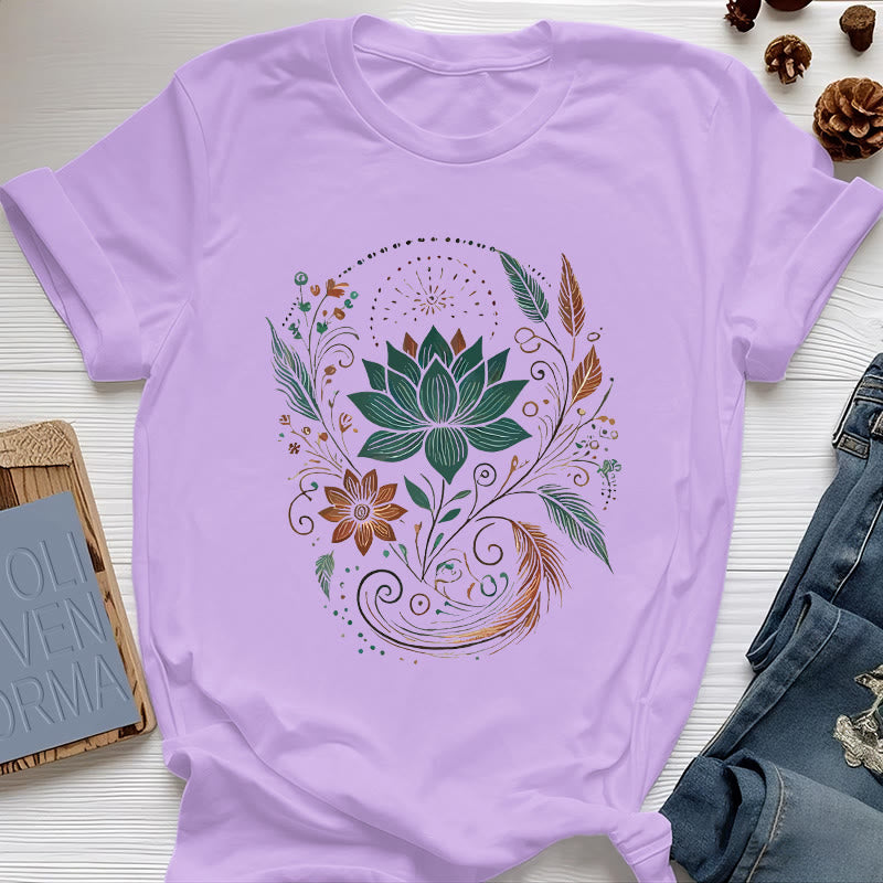 Camiseta de yoga de algodón con flores y hojas de loto de Olivenorma - Púrpura - 2XL - image 16