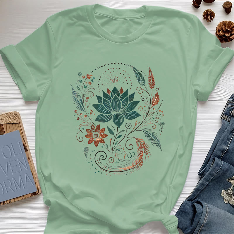 Camiseta de yoga de algodón con flores y hojas de loto de Olivenorma - Verde claro - 2XL - image 18
