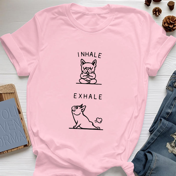 Camiseta espiritual divertida "Inhala y exhala" de Olivenorma Bulldog - Rosa - 2XL - image 14