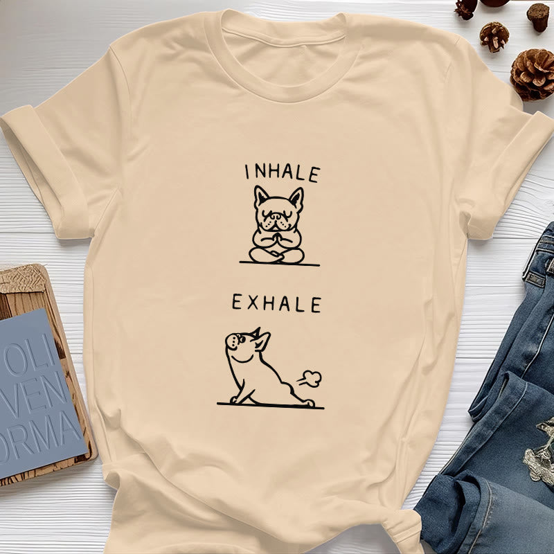 Camiseta espiritual divertida "Inhala y exhala" de Olivenorma Bulldog - Amarillo - 2XL - image 10