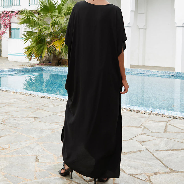 Vestido caftán con bordado de flores y pájaros, estilo blusa playera Olivenorma