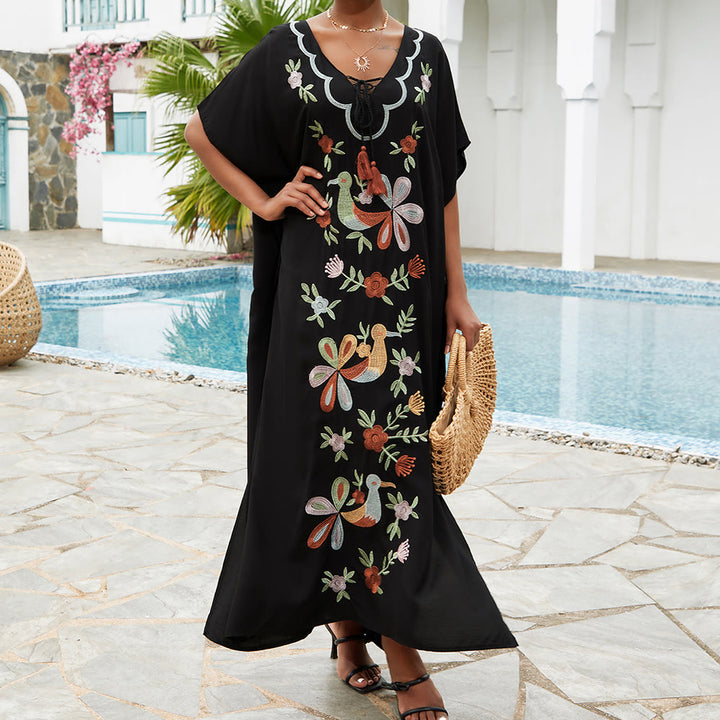 Vestido caftán con bordado de flores y pájaros, estilo blusa playera Olivenorma