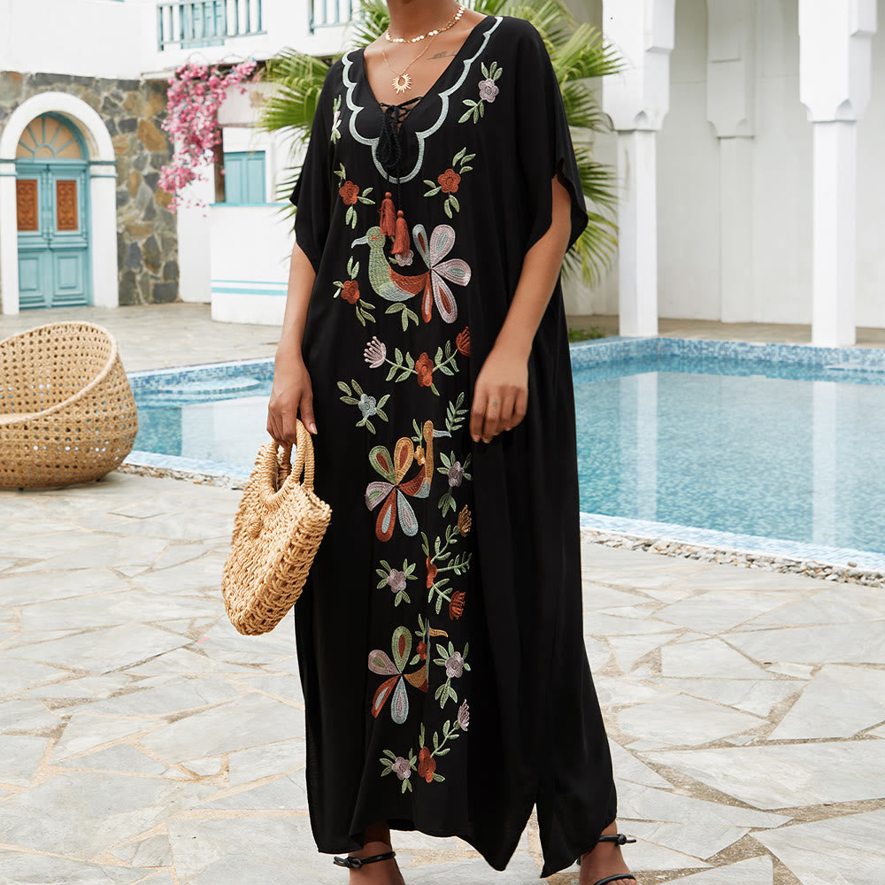 Vestido caftán con bordado de flores y pájaros, estilo blusa playera Olivenorma