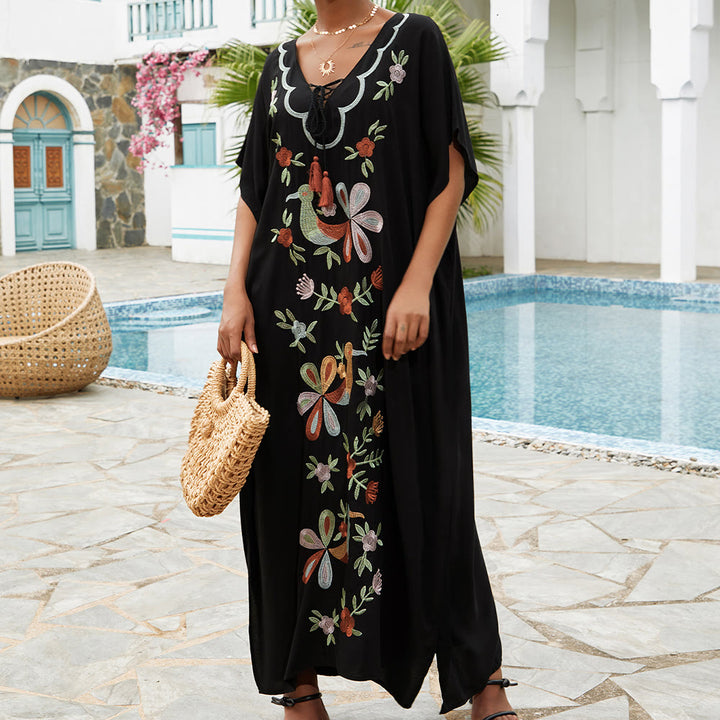 Vestido caftán con bordado de flores y pájaros, estilo blusa playera Olivenorma