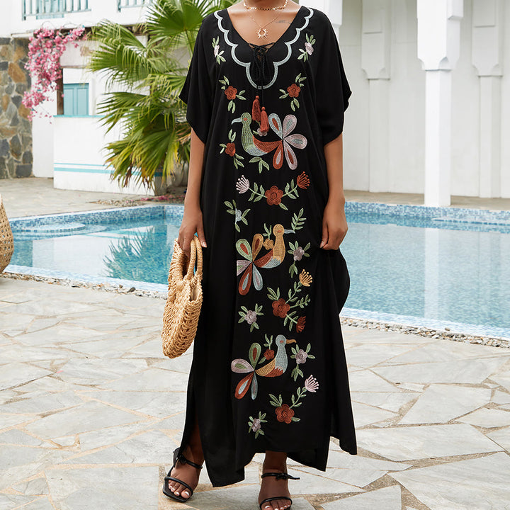 Vestido caftán con bordado de flores y pájaros, estilo blusa playera Olivenorma
