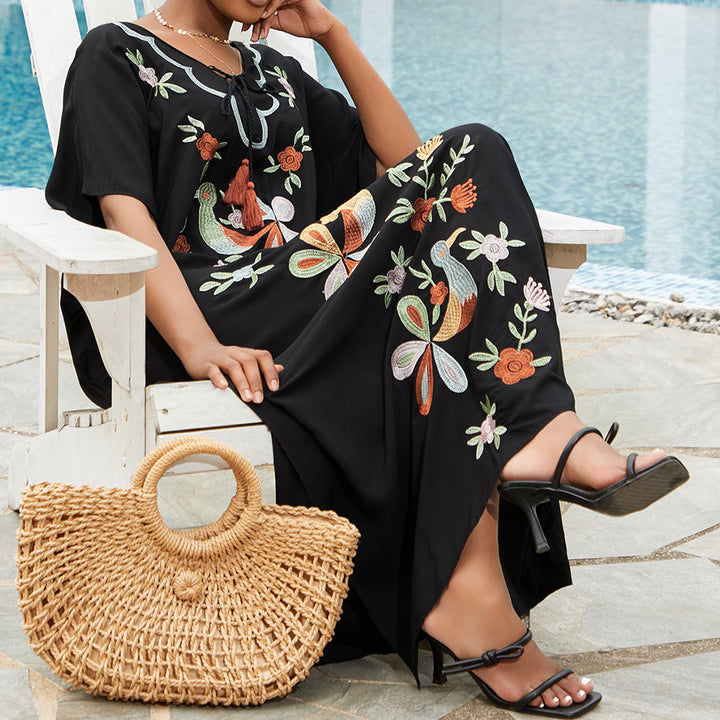Vestido caftán con bordado de flores y pájaros, estilo blusa playera Olivenorma