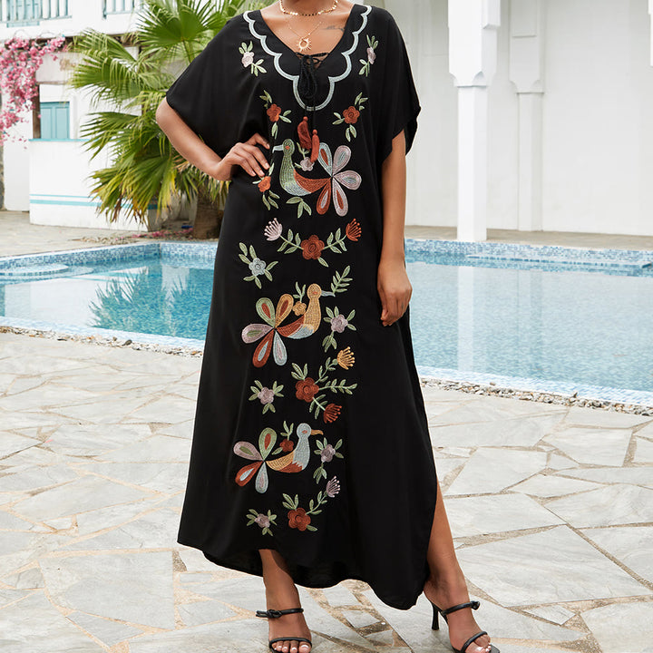 Vestido caftán con bordado de flores y pájaros, estilo blusa playera Olivenorma