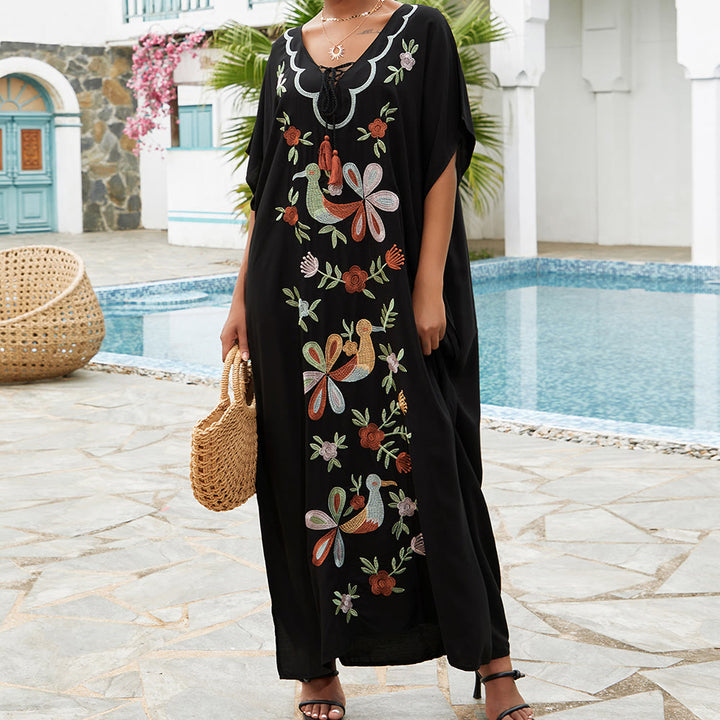 Vestido caftán con bordado de flores y pájaros, estilo blusa playera Olivenorma