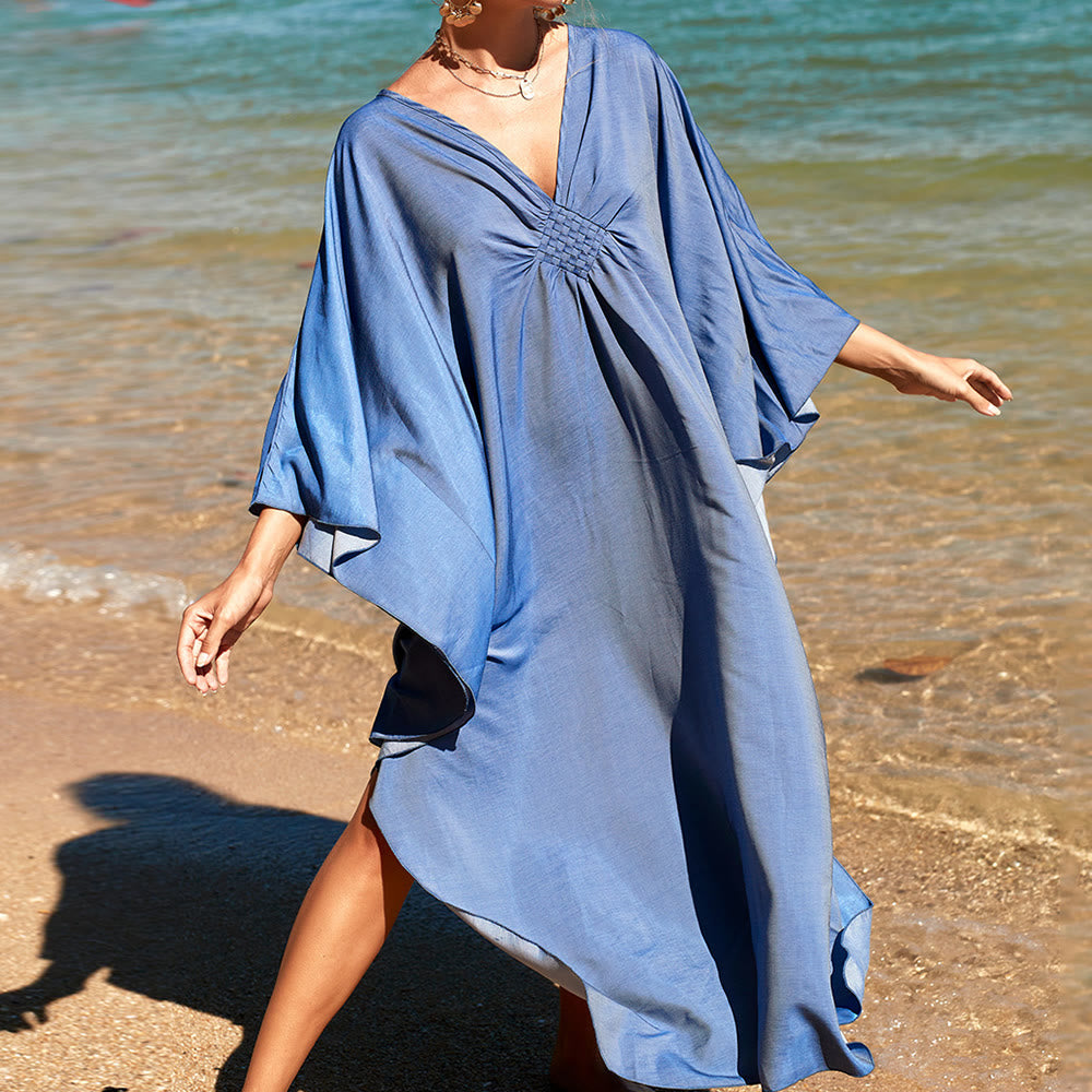 Vestido caftán con diseño tejido y camisa de protección solar de Olivenorma Beach