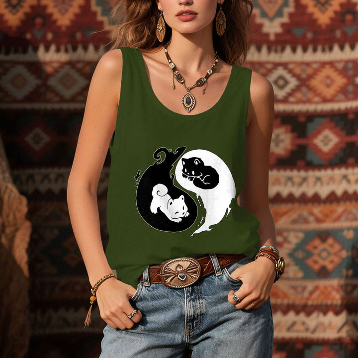 Camiseta sin mangas Olivenorma con filosofía del gato Yin-Yang en blanco y negro - image 12