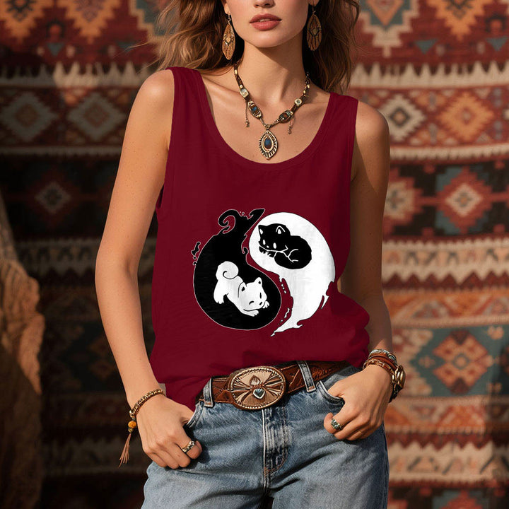 Camiseta sin mangas Olivenorma con filosofía del gato Yin-Yang en blanco y negro - image 10