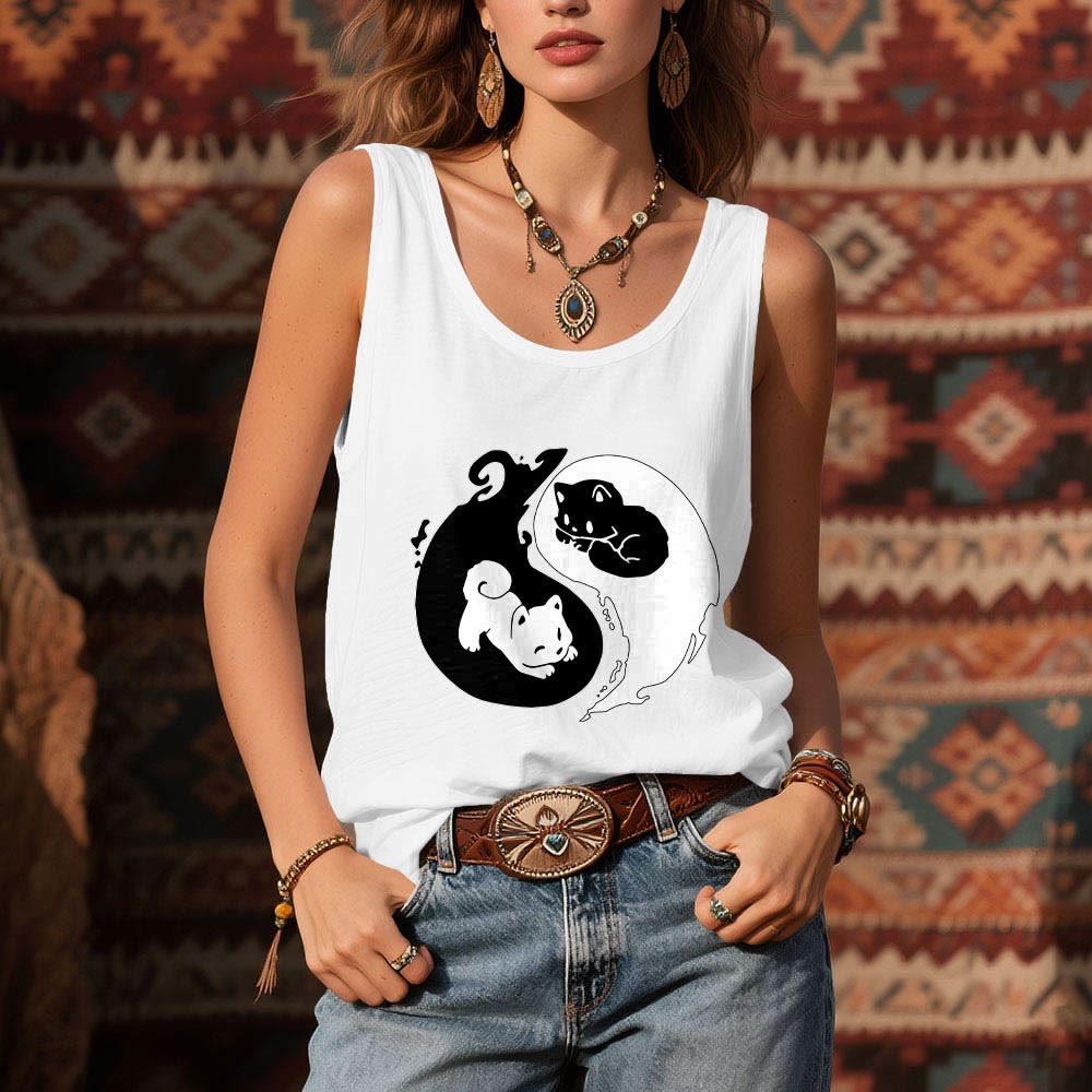 Camiseta sin mangas Olivenorma con filosofía del gato Yin-Yang en blanco y negro - image 6