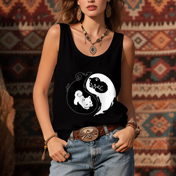 Camiseta sin mangas Olivenorma con filosofía del gato Yin-Yang en blanco y negro - image 8
