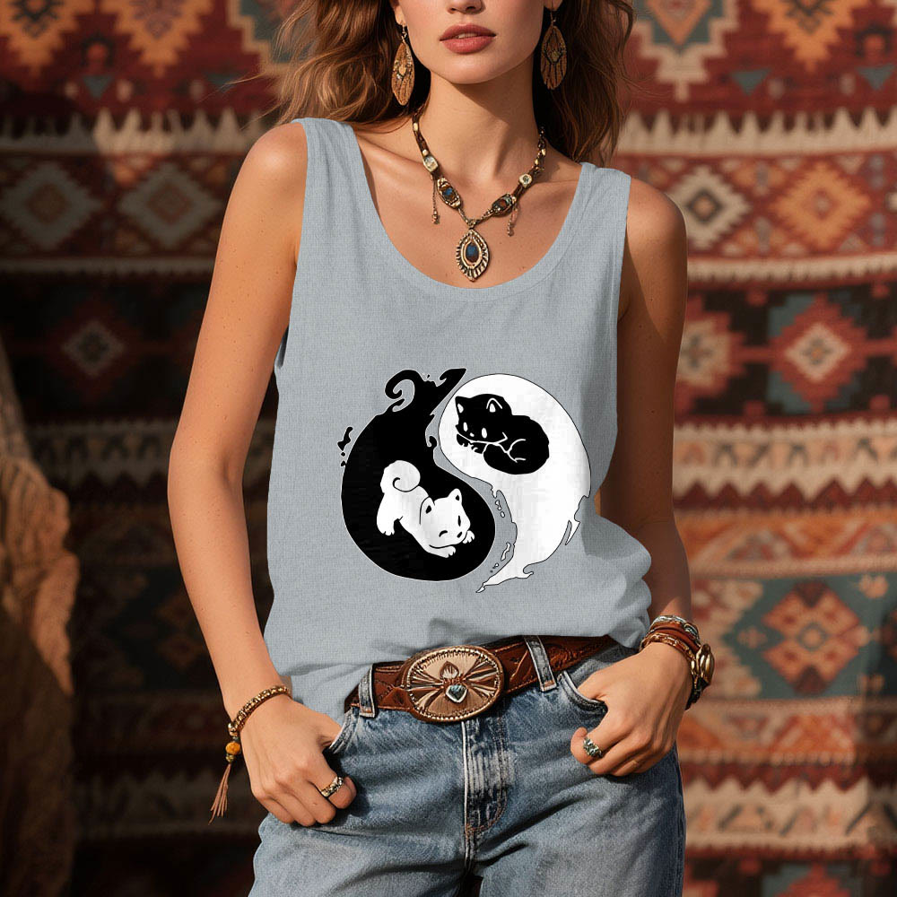 Camiseta sin mangas Olivenorma con filosofía del gato Yin-Yang en blanco y negro - image 2