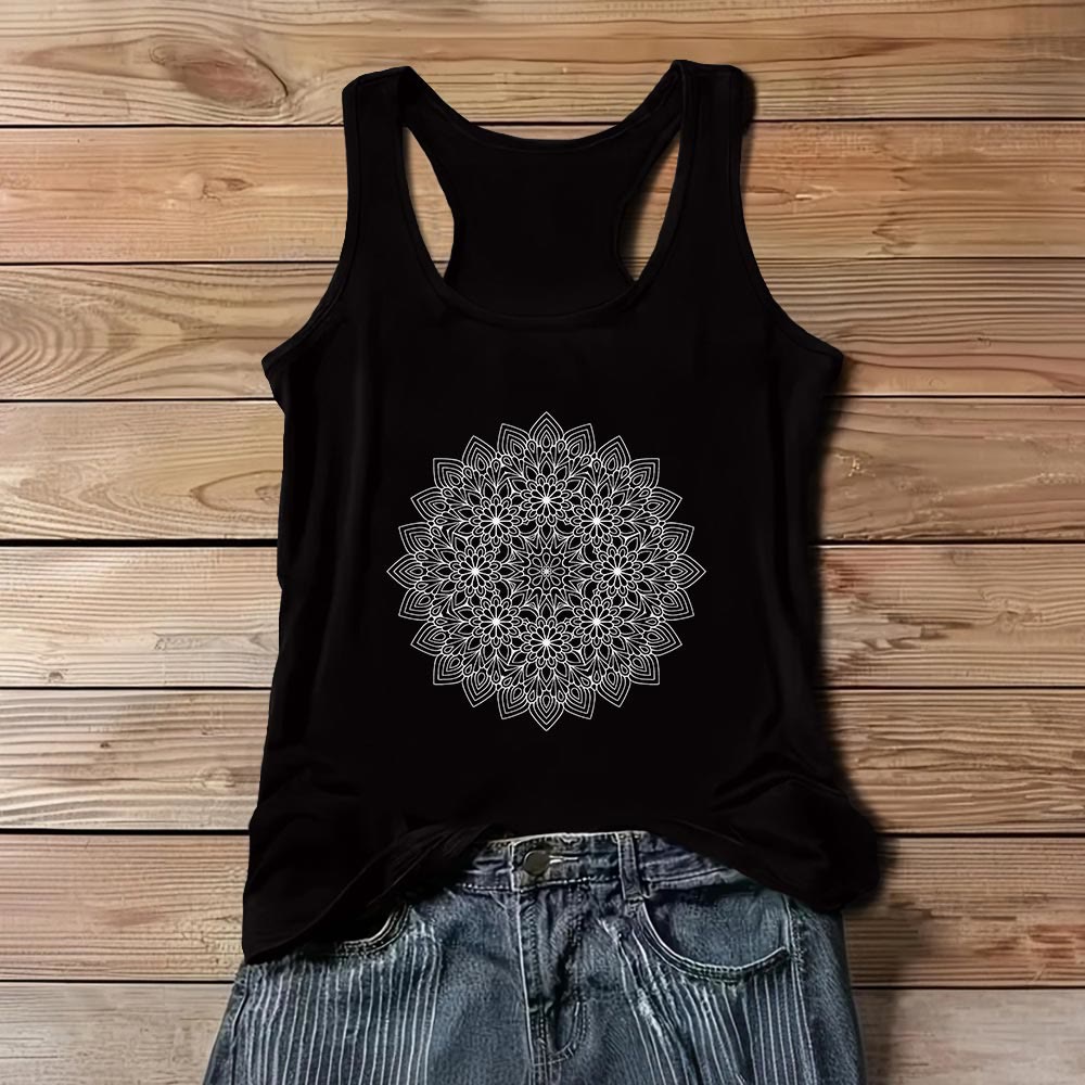 Camiseta sin mangas con estampado floral de mandala de Olivenorma para mujer  - Negro - 3XL - image 5