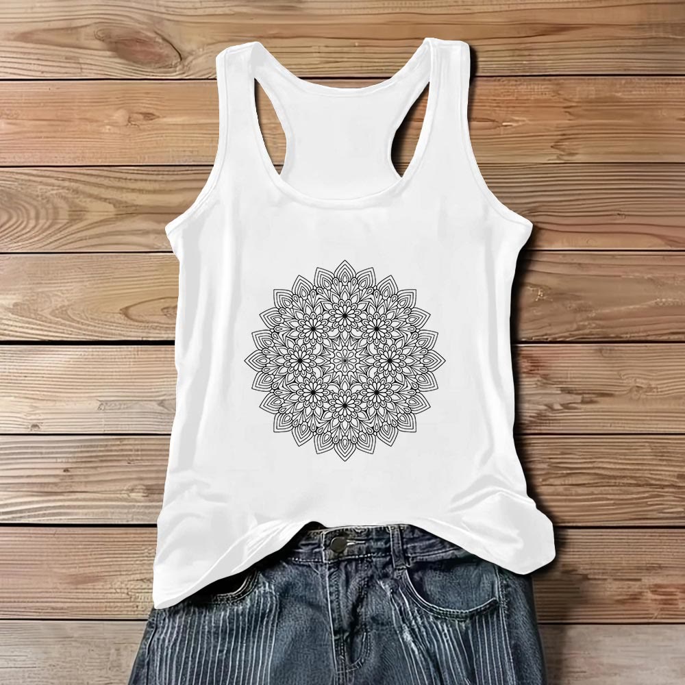 Camiseta sin mangas con estampado floral de mandala de Olivenorma para mujer  - Blanco - 3XL - image 1