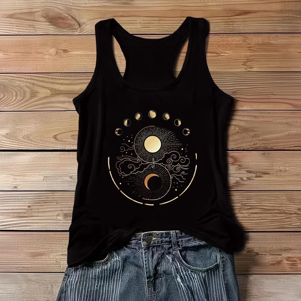 Camiseta sin mangas bohemia con diseño de fases lunares místicas de Olivenorma , luna y sol - Negro - 3XL - image 1