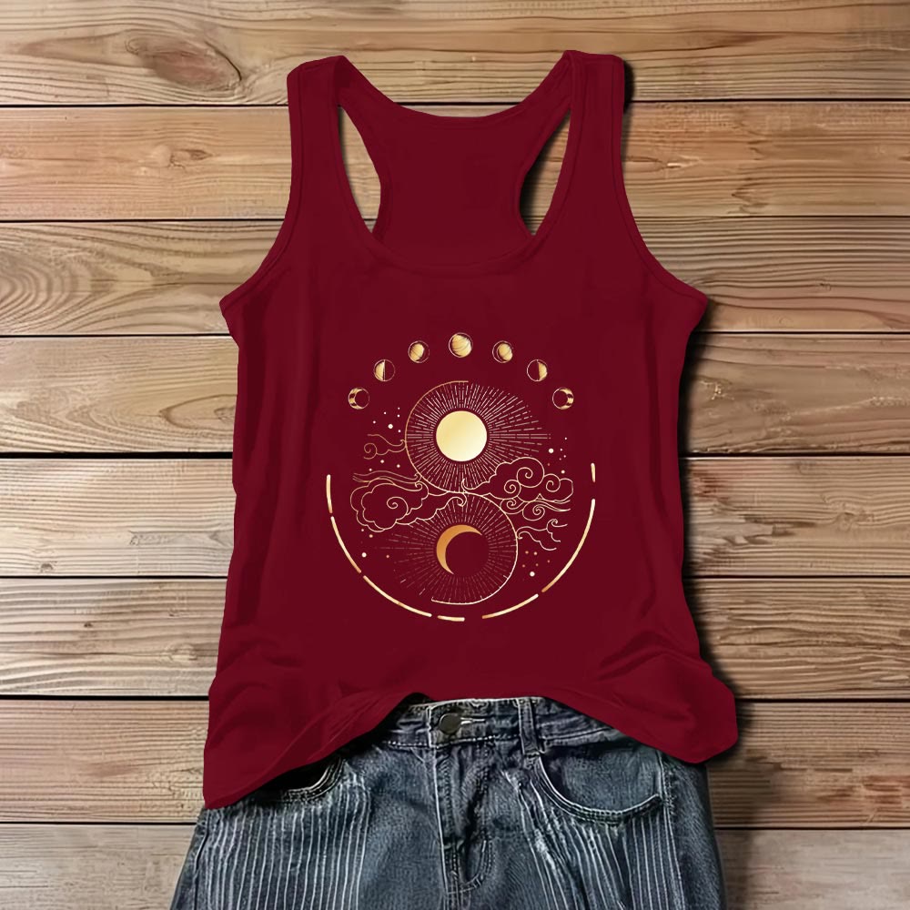 Camiseta sin mangas bohemia con diseño de fases lunares místicas de Olivenorma , luna y sol - Rojo - 3XL - image 9