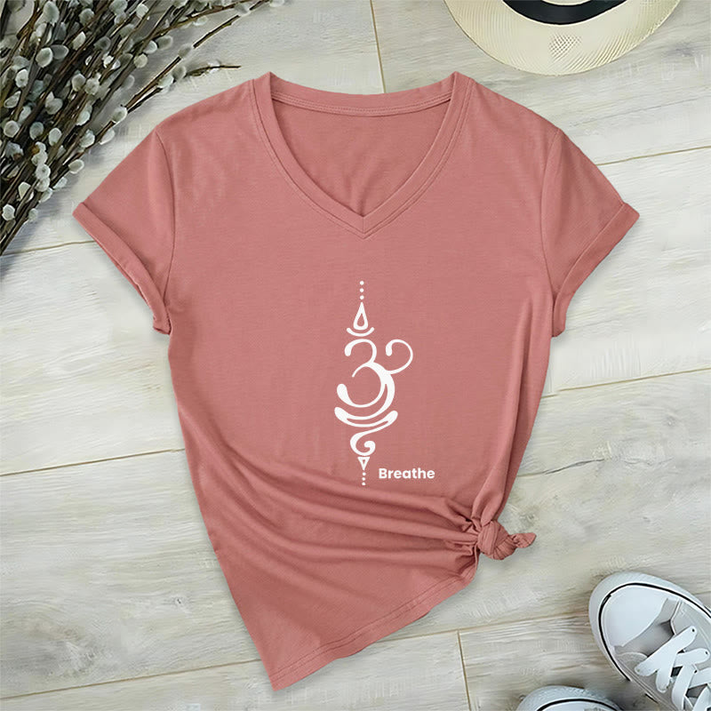 Camiseta Olivenorma Breathe Symbol para mujer, de algodón, de manga corta y cuello en V, para yoga y meditación - Rosa - 2XL - image 26