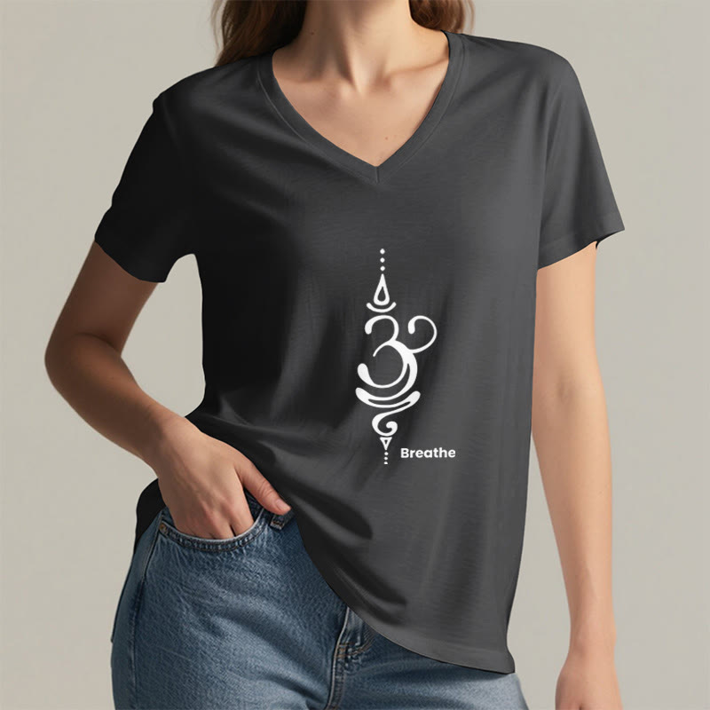 Camiseta Olivenorma Breathe Symbol para mujer, de algodón, de manga corta y cuello en V, para yoga y meditación - image 2