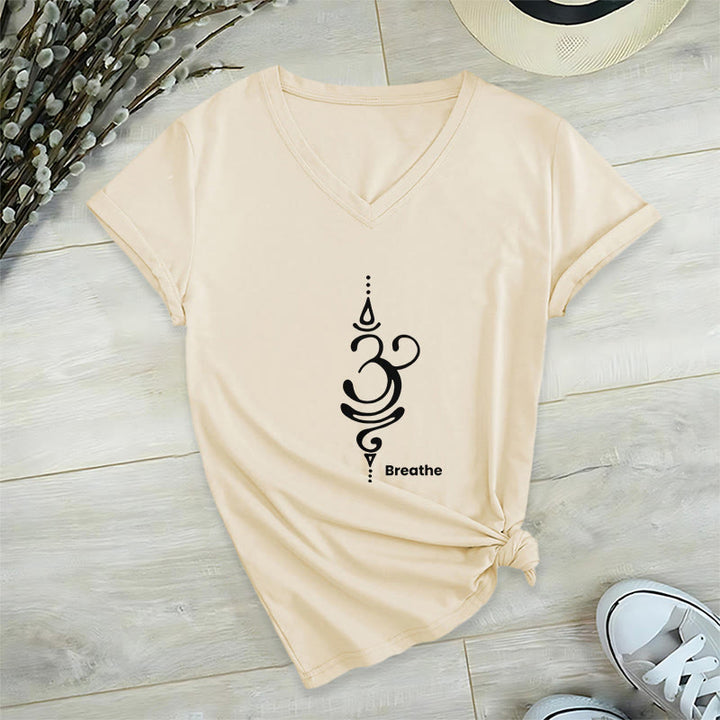 Camiseta Olivenorma Breathe Symbol para mujer, de algodón, de manga corta y cuello en V, para yoga y meditación - Beige - 2XL - image 12