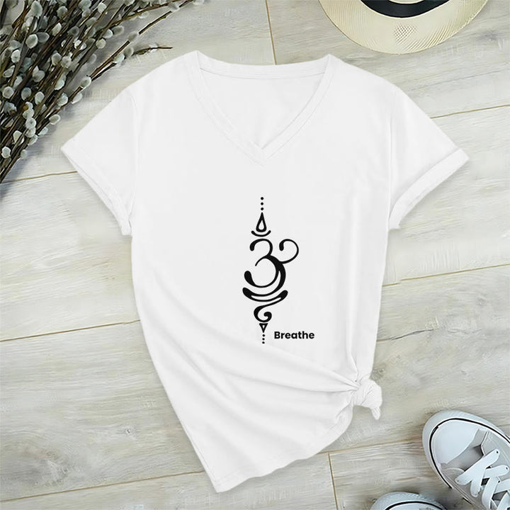 Camiseta Olivenorma Breathe Symbol para mujer, de algodón, de manga corta y cuello en V, para yoga y meditación - Blanco - 2XL - image 10