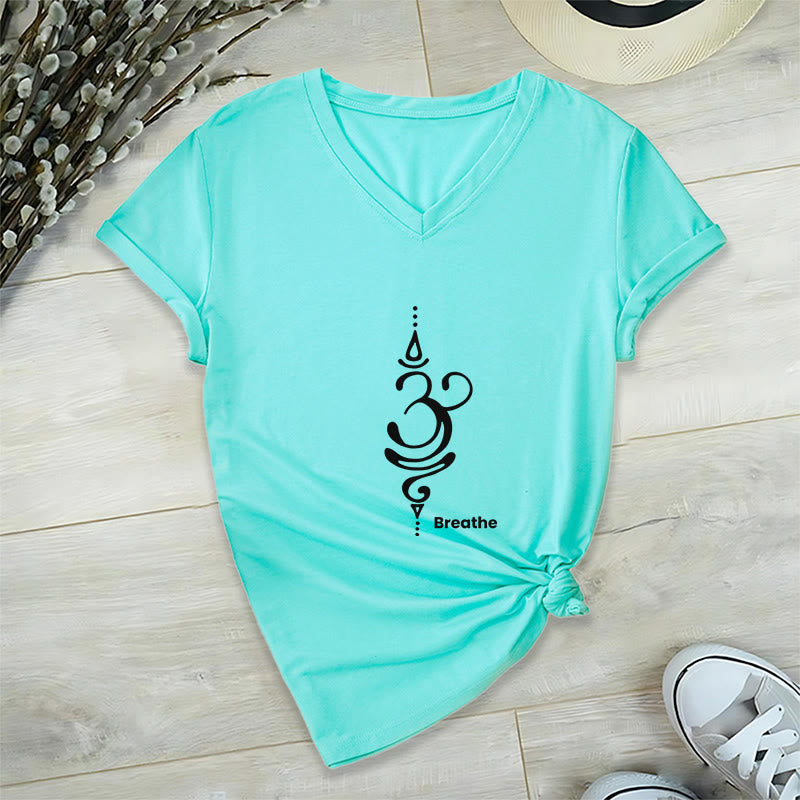 Camiseta Olivenorma Breathe Symbol para mujer, de algodón, de manga corta y cuello en V, para yoga y meditación - Cian - 2XL - image 16