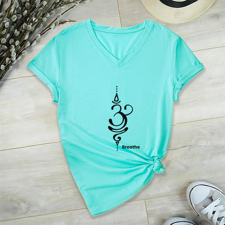 Camiseta Olivenorma Breathe Symbol para mujer, de algodón, de manga corta y cuello en V, para yoga y meditación - Cian - 2XL - image 16