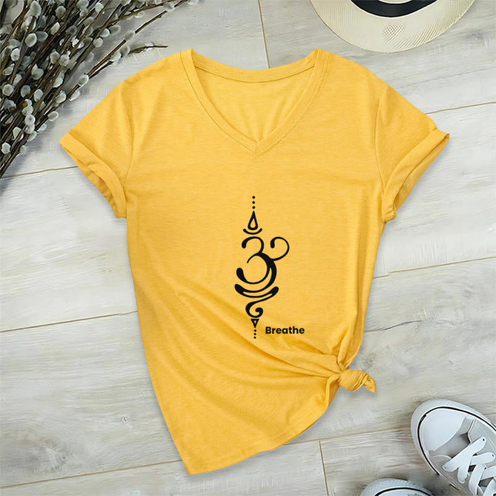 Camiseta Olivenorma Breathe Symbol para mujer, de algodón, de manga corta y cuello en V, para yoga y meditación - Amarillo - 2XL - image 14