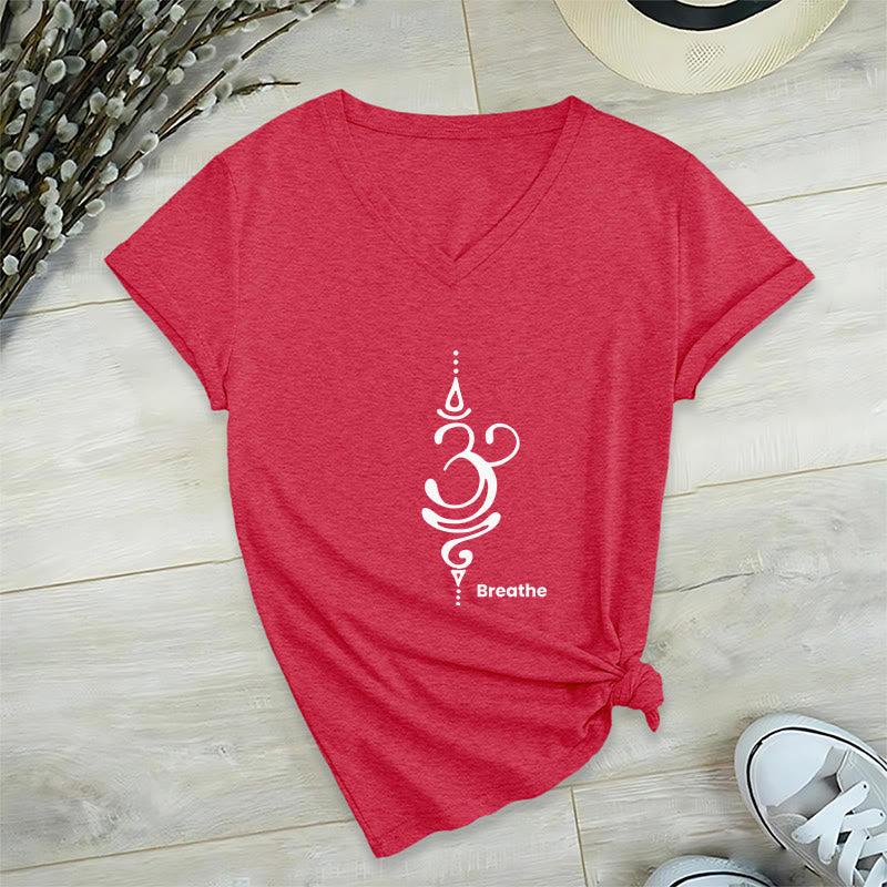 Camiseta Olivenorma Breathe Symbol para mujer, de algodón, de manga corta y cuello en V, para yoga y meditación - Rojo - 2XL - image 28