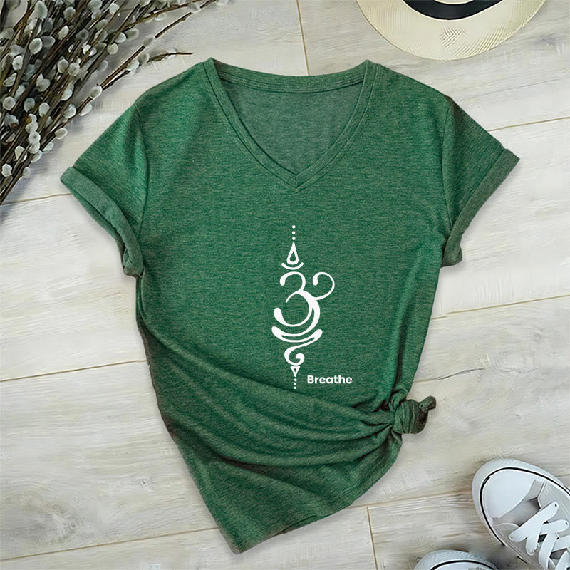 Camiseta Olivenorma Breathe Symbol para mujer, de algodón, de manga corta y cuello en V, para yoga y meditación - Verde - 2XL - image 18