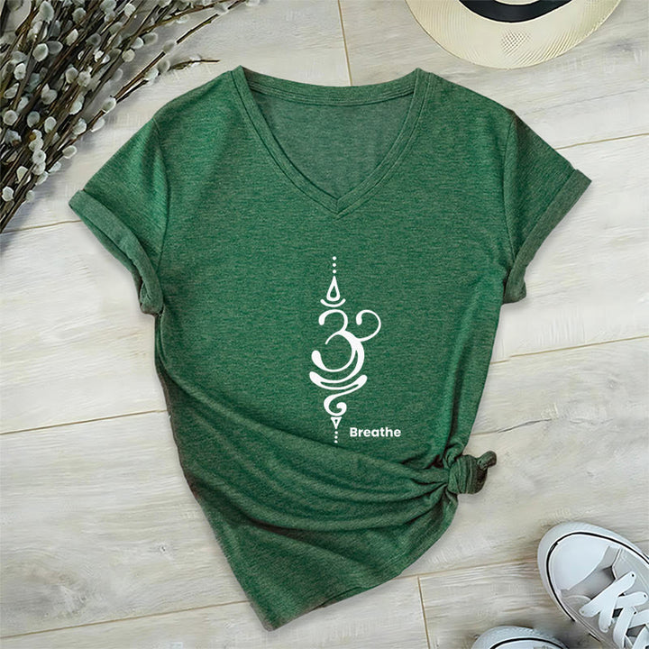 Camiseta Olivenorma Breathe Symbol para mujer, de algodón, de manga corta y cuello en V, para yoga y meditación - Verde - 2XL - image 18