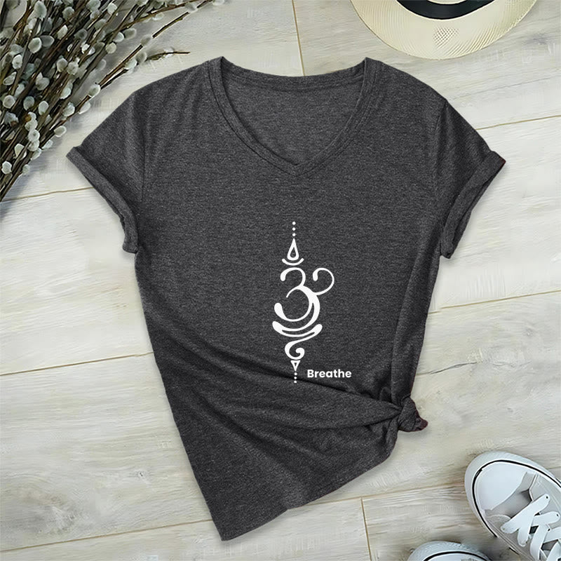 Camiseta Olivenorma Breathe Symbol para mujer, de algodón, de manga corta y cuello en V, para yoga y meditación - Gris - 2XL - image 1