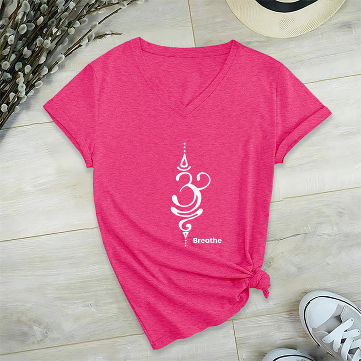 Camiseta Olivenorma Breathe Symbol para mujer, de algodón, de manga corta y cuello en V, para yoga y meditación - Rosa intenso - 2XL - image 30