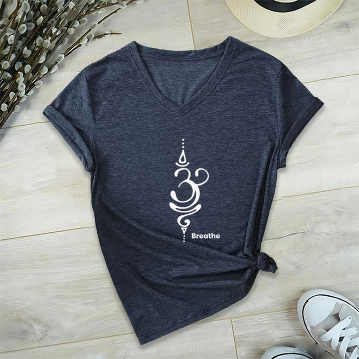 Camiseta Olivenorma Breathe Symbol para mujer, de algodón, de manga corta y cuello en V, para yoga y meditación - Marina de guerra - 2XL - image 22