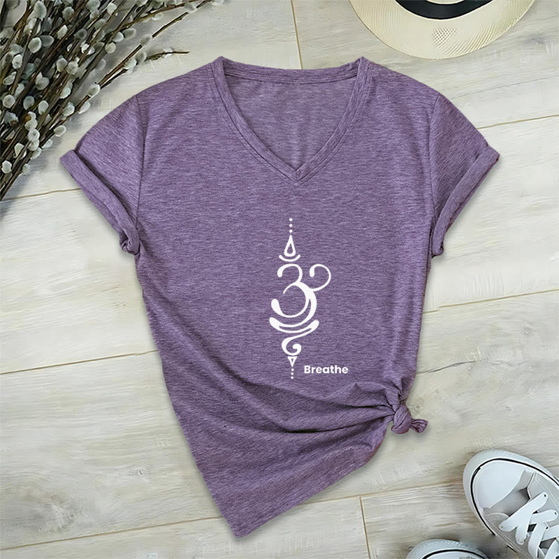 Camiseta Olivenorma Breathe Symbol para mujer, de algodón, de manga corta y cuello en V, para yoga y meditación - Púrpura - 2XL - image 20