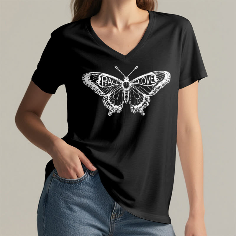 Camiseta Olivenorma de algodón con cuello en V y manga corta con mariposas "PEACE & LOVE" - image 9