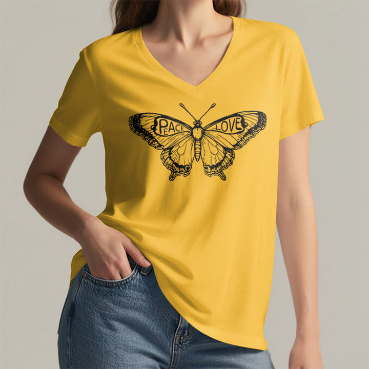 Camiseta Olivenorma de algodón con cuello en V y manga corta con mariposas "PEACE & LOVE" - image 2