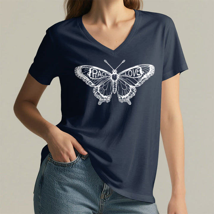 Camiseta Olivenorma de algodón con cuello en V y manga corta con mariposas "PEACE & LOVE" - image 21