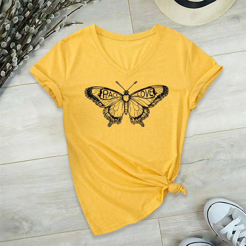 Camiseta Olivenorma de algodón con cuello en V y manga corta con mariposas "PEACE & LOVE" - Amarillo - 2XL - image 1
