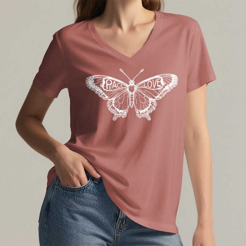 Camiseta Olivenorma de algodón con cuello en V y manga corta con mariposas "PEACE & LOVE" - image 27